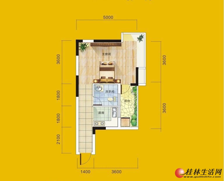 1号楼4号房户型 1室1厅1卫1厨 46.02㎡