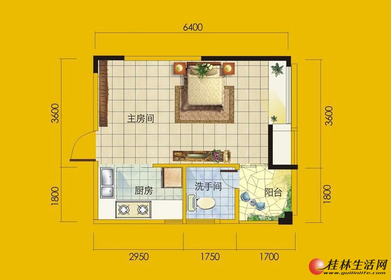 1号楼5号房户型 1室1厅1卫1厨 39.44㎡