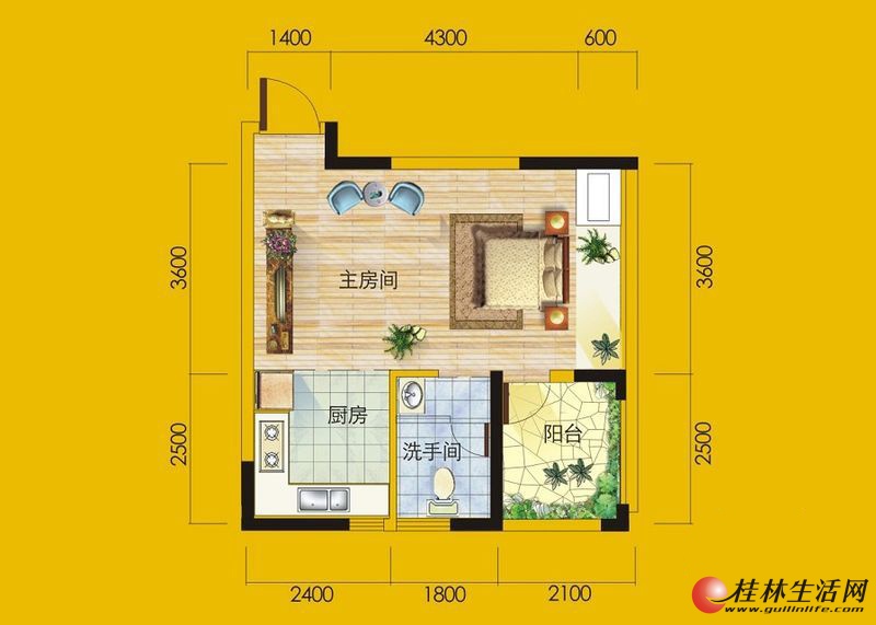 1号楼7号房户型 1室1厅1卫1厨 44.05㎡