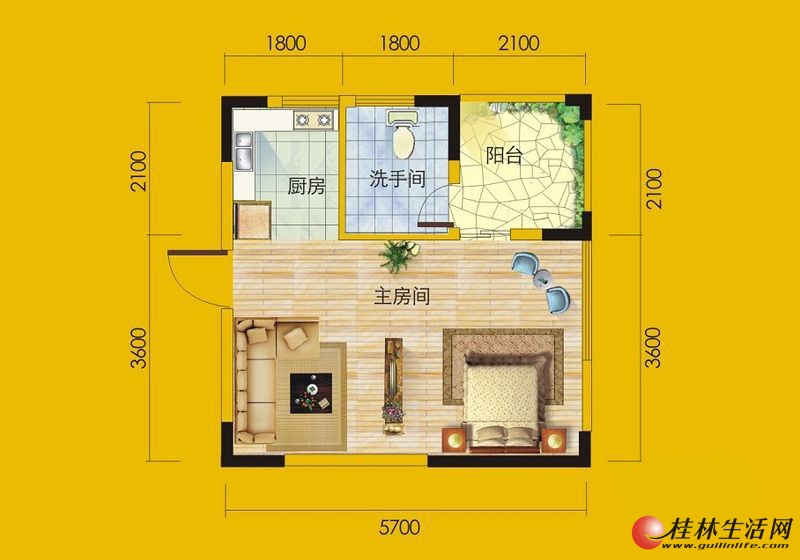 1号楼6号房户型1室1厅1卫1厨 35.94㎡