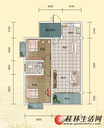 2期8号楼1号房　2室2厅1卫　85.70㎡