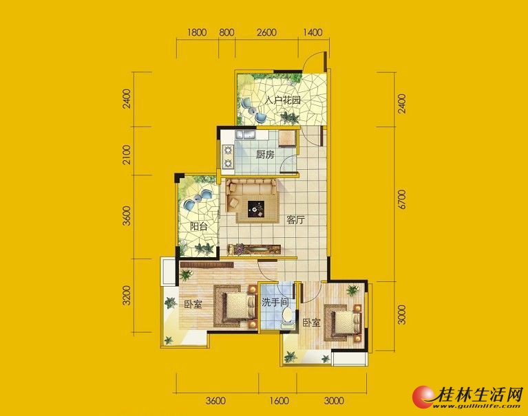 1号楼8号房户型 2室1厅1卫1厨 79.11㎡